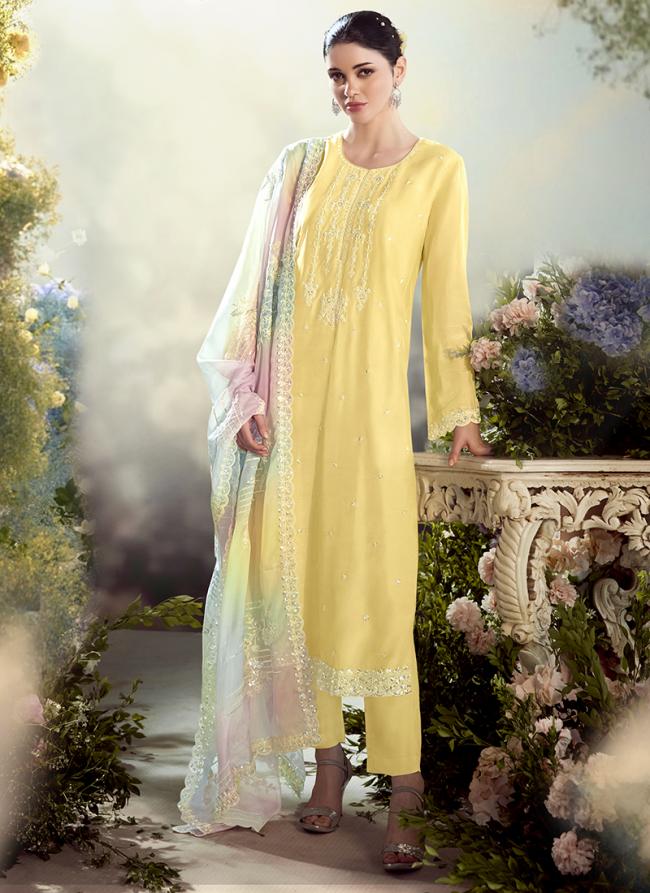 Modal Silk Yellow Party Wear Emboidery Work Straight Suit